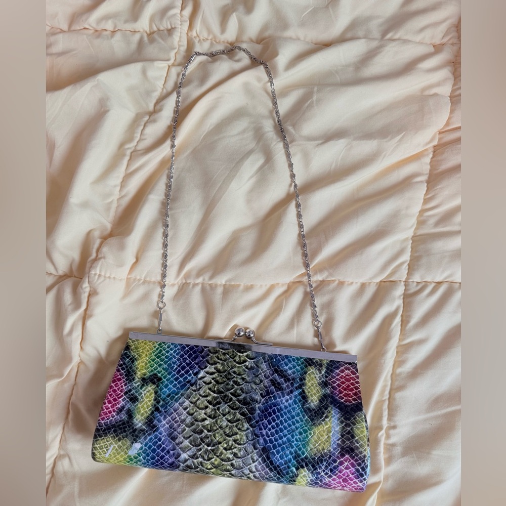 Rainbow Colored & Silver Snakeskin Clutch with Chain Strap